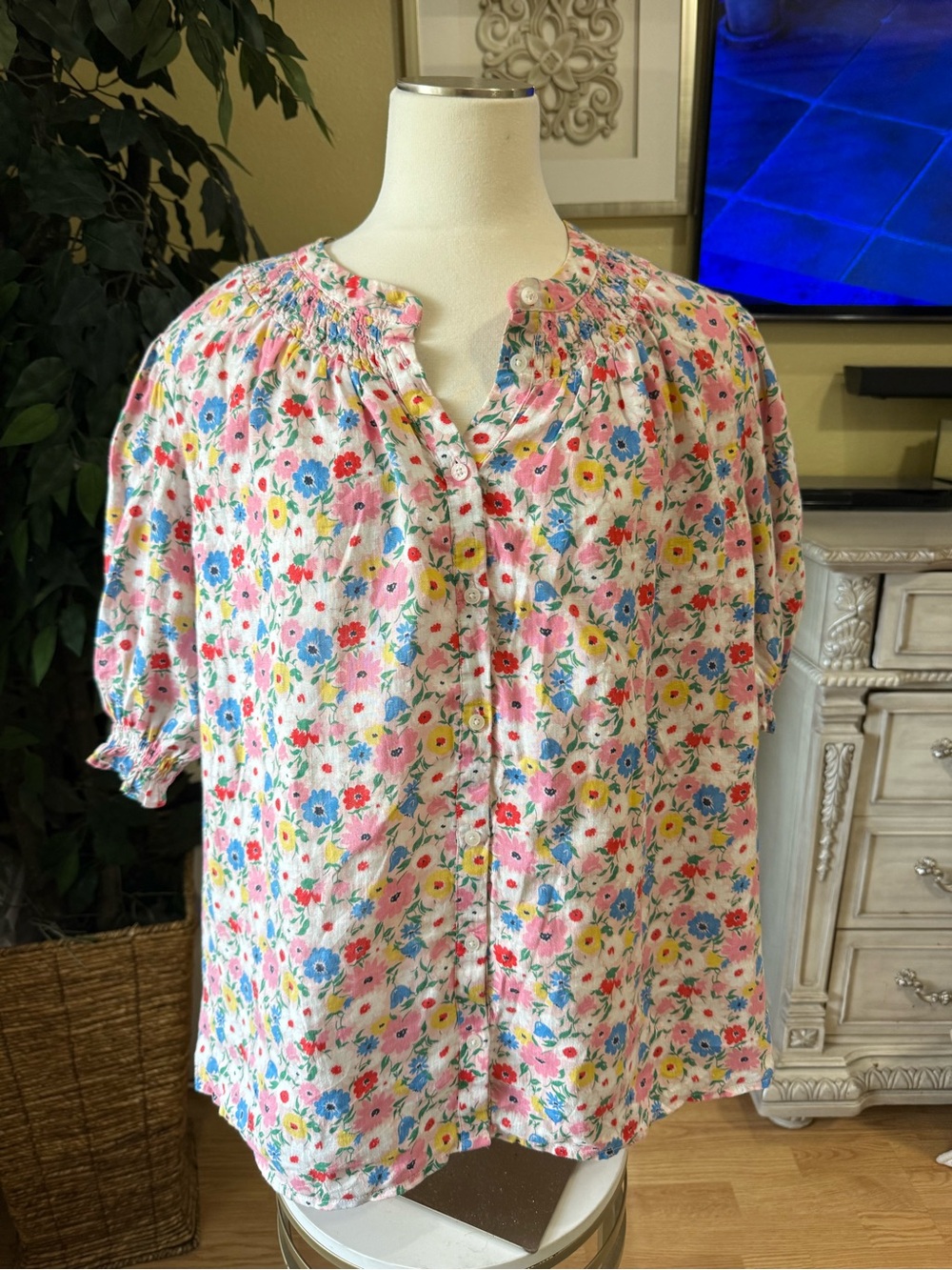 Boden Floral 100% Linen Smocked Puff Sleeve Blouse US 20/22